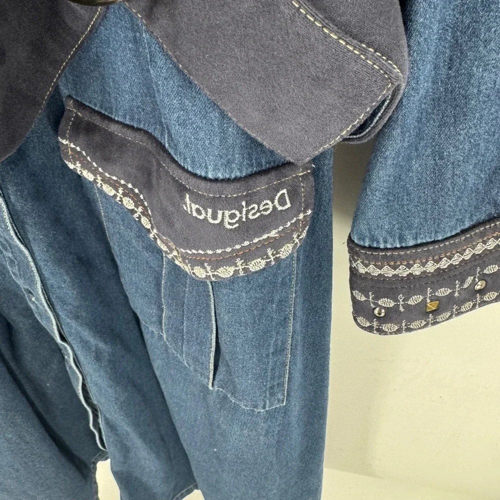 Desigual Denim Shirt Dress Embroidered Studded Belted Midi Western Size 44 Artsy - Picture 6 of 10
